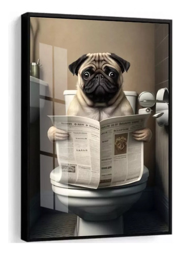 Quadro Decorativo Cachorro Pug Jornal Banheiro Com Vidro