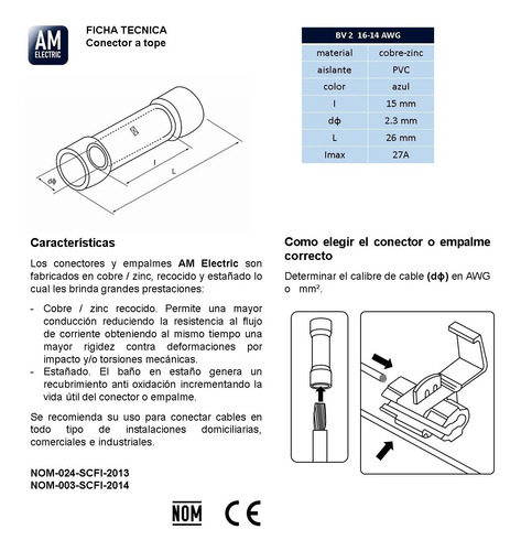 Conector A Tope (16-14 Awg) Pvc Azul 100 Pzs