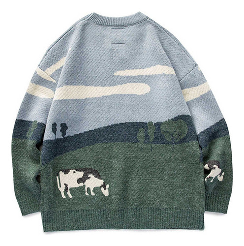 R Jersey Hombre Grassland Cow Vintage Oversize Manga Larga R