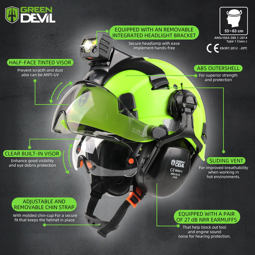 Casco De Seguridad Green Devil Modelo Ansi Z89.1 Recargable Verde