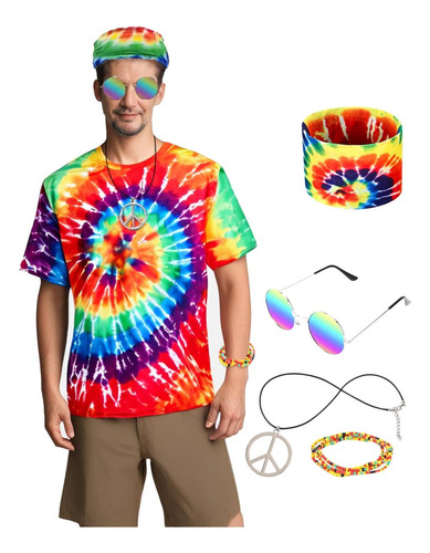 Disfraz De Hippie Para Hombre, Camiseta Colorida Estilo Años