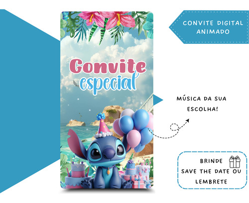 Convite Digital Animado Lilo, Stitch E Angel Azul-petróleo