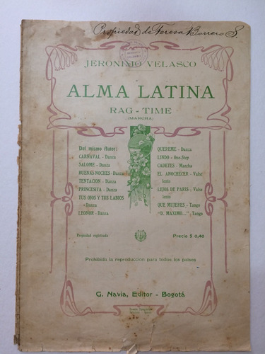 Partitura Antigua Coleccion Jeronimo Velasco Ragtime 1920