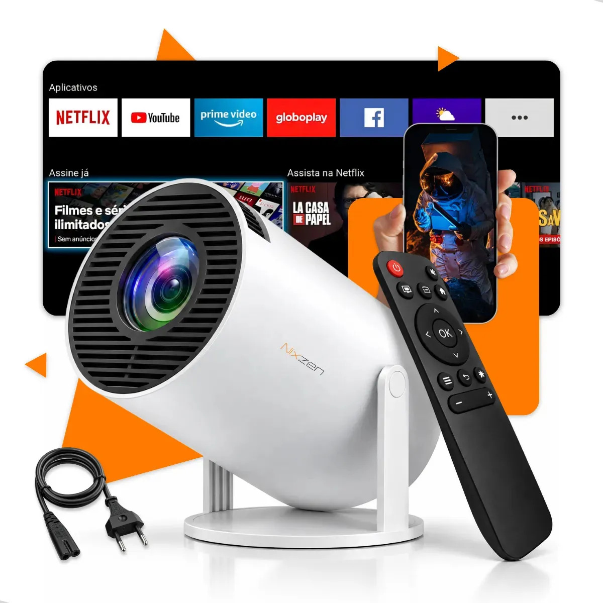 Projetor Portátil Mini HY300 4k Full HD 1080p Smart Tv Android 11.0 Wi-Fi Bluetooth Home Theater Cinema Em Casa TV Imagem Nítida Som Potente Alta Resolução Com Controle Remoto Bivolts Branco Nixzen