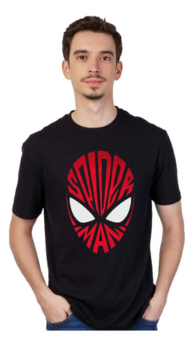 Remera Negra - Spiderman Cara Araña - Manga Corta Unisex 