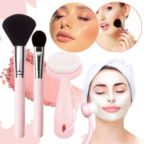 Set X3 Brochas De Maquillaje Y Cepillo Limpiador Facial 
