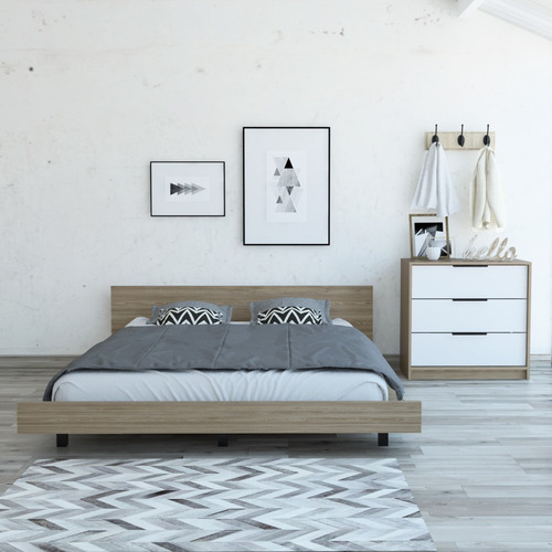 Cama 2 Plazas + Comoda 3 Cajones - Miel / Blanco