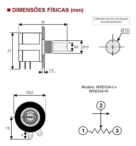 Potenciômetro Linear 10k Tipo B 10 Voltas Wxd534 Com Knob