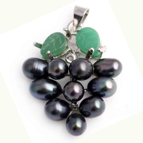Collar Dije Perlas Negras Cultivadas Racimo Uvas Hoja Jade