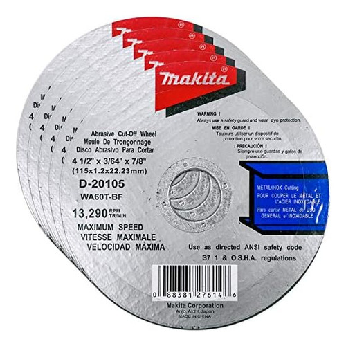 Paquete De 5 Discos De Corte Makita 2024, 4.5 Para Amoladora