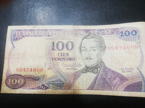 Vendo Billete Antiguo De $100 Pesos Oro Colombiano De 1980