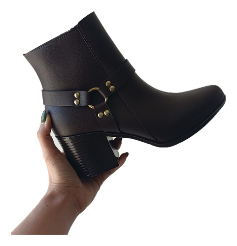 Botines Mujer Café Tacón Grueso Hebilla Elegante Casual