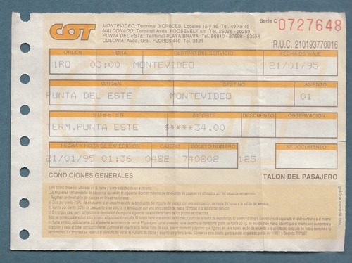 Ephemera Boleto De Empresa Cot Punta Del Este A Montevideo