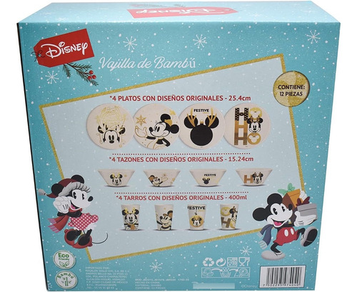 Vajilla Mickey Mouse Disney Navidad 12pzs Bambú Ecológica