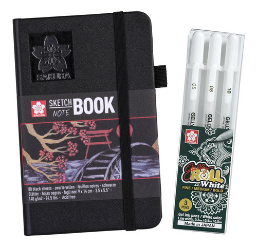 Sketchbook Sakura Hoja Negra 9x14 + Set 3 Gelly Roll Blanco