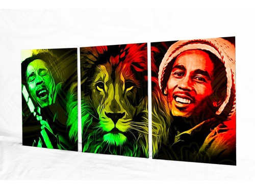 León Reggae Bob Marley Cuadro Tríptico Moderno