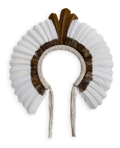Cocar Indígena Penas Coloridas Decoração Branco Com Marrom