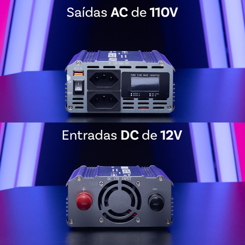 Kit Inversor 12v Para 110v 1000w Onda Senoidal Pura Pico 2000w Painel Led Com Indicador Botão Liga/desliga Tripla Proteção Tomada Universal Acompanha Garra De Jacare 100a Brinde