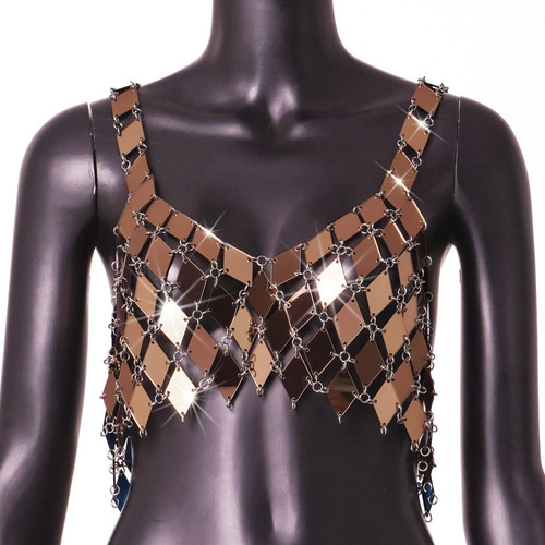 Chaleco De Lentejuelas, Top Corto Con Cuello De, Camiseta