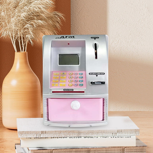 Mini Cofrinho Atm Recipiente De Dinheiro Rosa Prateado
