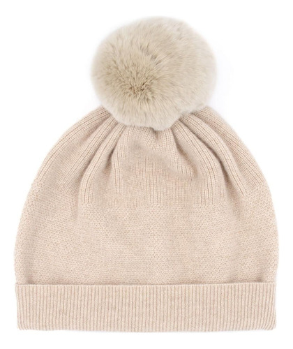 Cashmere Hat With Rex Rabbit Fur Pom - Beige Black Winter Be