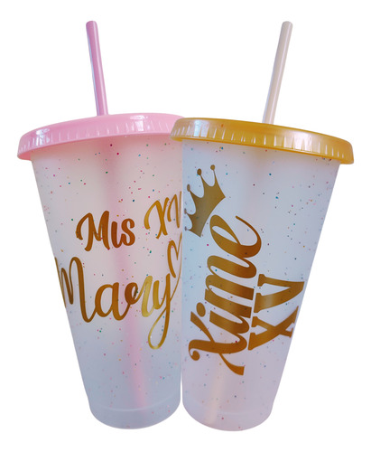 25 Vaso Reusable Personalizado Con Popote, 24 Oz Dorado