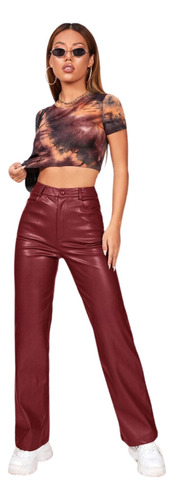 Pantalones De Cuero Pu Vinotinto Para Mujer