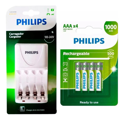 Kit 4 Pilhas Recarregáveis Aaa 1000mah Palito + Carregador 