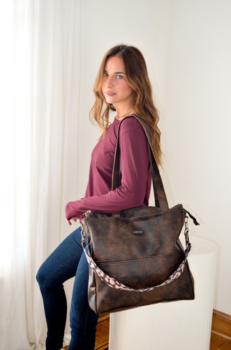 Cartera Tote Marron Desgastada De Cuerina Pu Marrón Desgastado Desgastado Níquel Marrón
