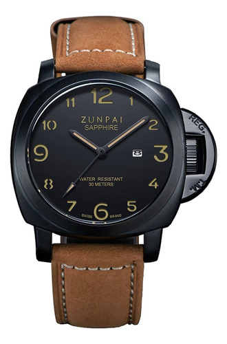 Reloj Pulsera Zunpai Zp219:bb Con Correa De Cuero Color Marrón - Fondo Negro