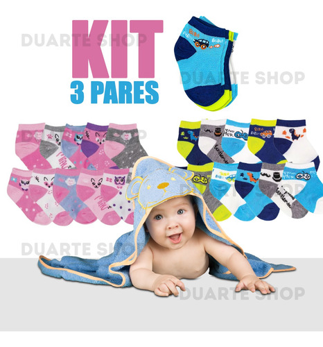 Kit 3 Pares De Meia Infantil Bebe Algodão Cano Longo Estampa