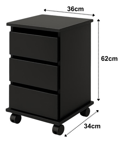 Gaveteiro 62cm Com Rodas Para Escritório 3 Gavetas