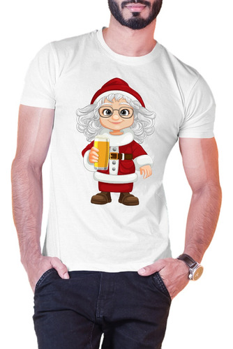 Playera Navideña Mujer Alegre Papá Noel Cerveza Santa. B/n