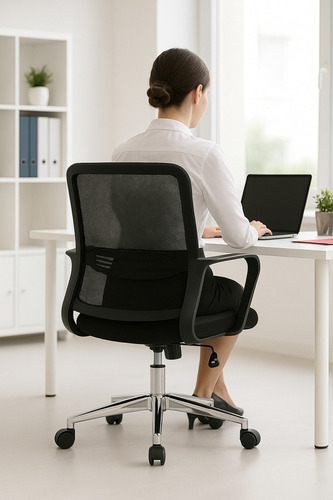 Silla De Oficina Bari Ejecutiva Ergonómica Con Respaldo De Malla Transpirable, Altura Ajustable, Base Cromada De 5 Ruedas, Soporte Lumbar Fijo, Color Negro, Soporta Hasta 90 Kg