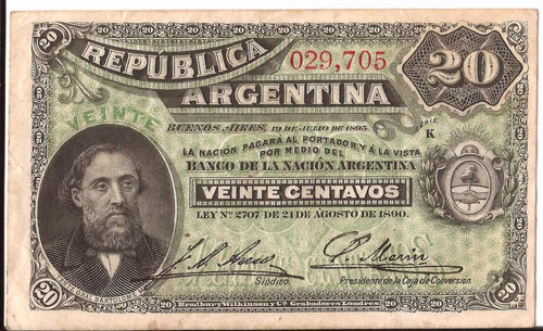 Argentina Billete 20 Ctvs. Julio De 1895. Serie K Impecable