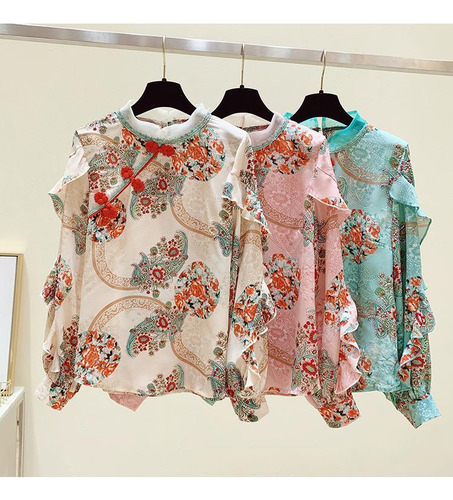 Camisa Retro De Chifón Con Volantes Y Botones En Forma De Di