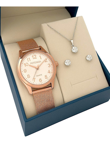 Relógio Feminino Prova D Água + Kit Colar E Brincos + Caixa Ouro Rose Rose Branco