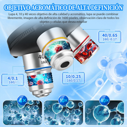 Kit De Microscopio Óptico Acromático Binocular 1600x Con Luz