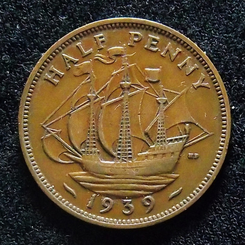 Gran Bretaña 1/2 Penny 1939 Exc Km 844 Segunda Guerra