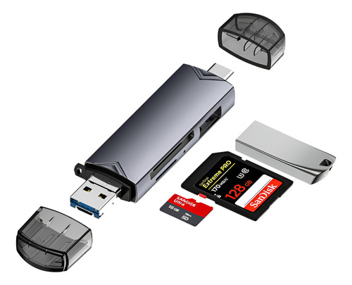 Lector Tarjetas Sd Tf Usb 3.0 Adaptador Tipo C Otg 6 En 1 Color Negro