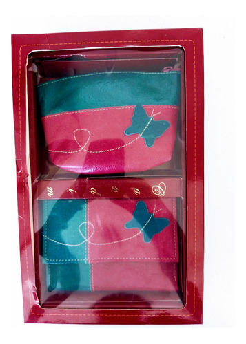 Kit Monedero Y Cartuchera Cuero Genuino Cardim (azul/rosa)