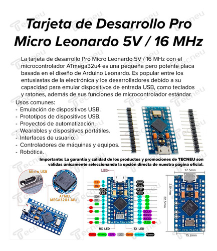 Pro Micro Atmega32u4 16mhz 5v Compatible Con Ide Arduino