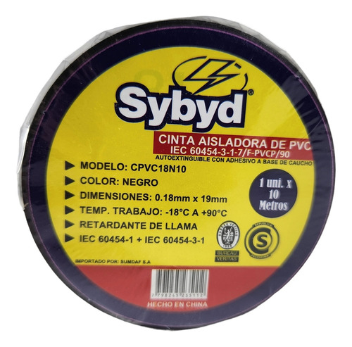 Cinta Aisladora Sybyd 10 Mtrs 19mm Negra Autoextinguible