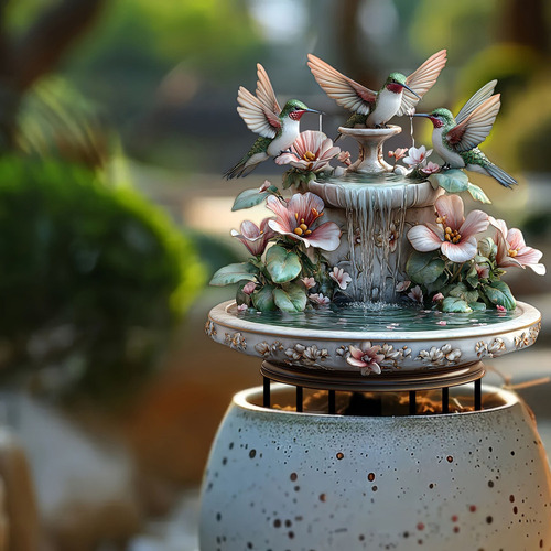 * Estatua De Un Colibrí Jugando En El Agua En Un Jardín Con
