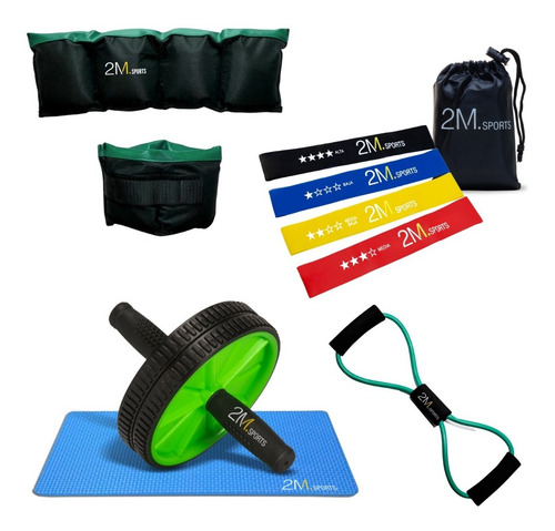 Imagen 1 de 10 de Set Rueda Abdominales + 5 Bandas Elásticas + Tobilleras 2kg