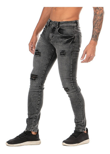 Imagen 3 de 9 de Jeans Mezclilla Stretch Snow Negro Demolición Skinny Hombre