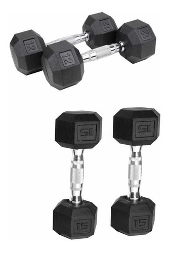 Combo 4 Mancuernas Rubber Hex Dumbbell Fit Goma 12lb + 15lb