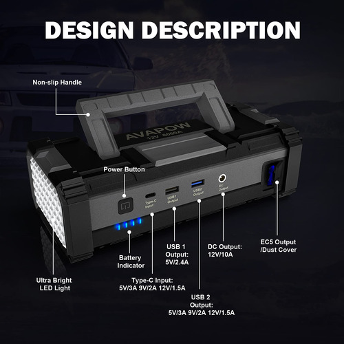 Batería De Coche Jump Starter Avapow 6000a Para Gas/diésel D