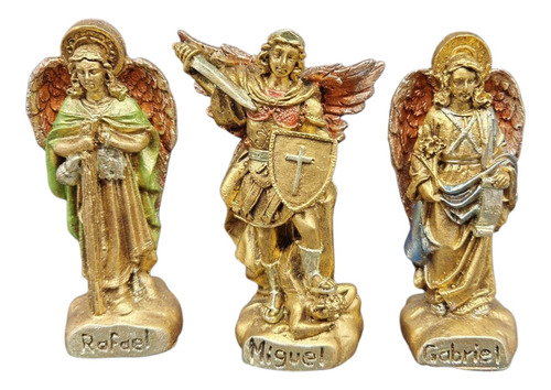 Set De 3 Arcángeles Rafael, Miguel Y Gabriel 9cm Dorado Oscuro