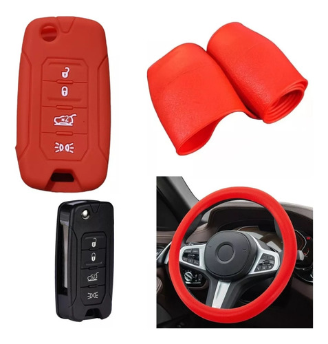 Cubre Volante + Funda Llave Silicona - Jeep 4 Botones - Rojo